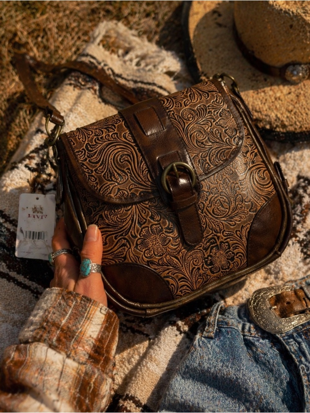 Levi’s Tooled Leather Crossbody Western Boho Saddle Bag Brown Floral Embossed